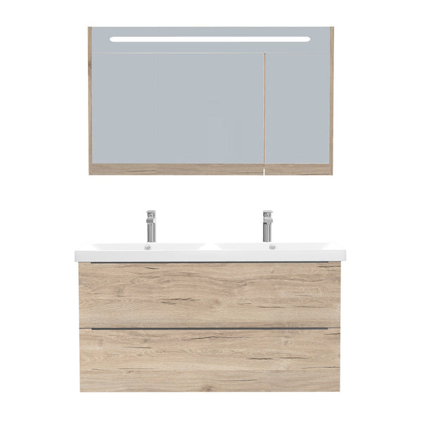 Frankfurt Badkamermeubel Set 120 cm Duitse Eik - Onderkast MDF Softclose Semi handgreep 2 lades met Keramische Wastafel 2 kraangat en Badkamerspiegelkast met Led-verlichting