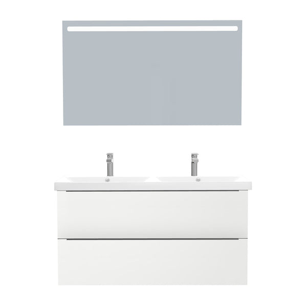 Frankfurt Badkamermeubel Set 120 cm Hoogglans Wit - Onderkast MDF Softclose Semi handgreep 2 lades met Keramische Wastafel 2 kraangat en Badkamerspiegel met Led-verlichting