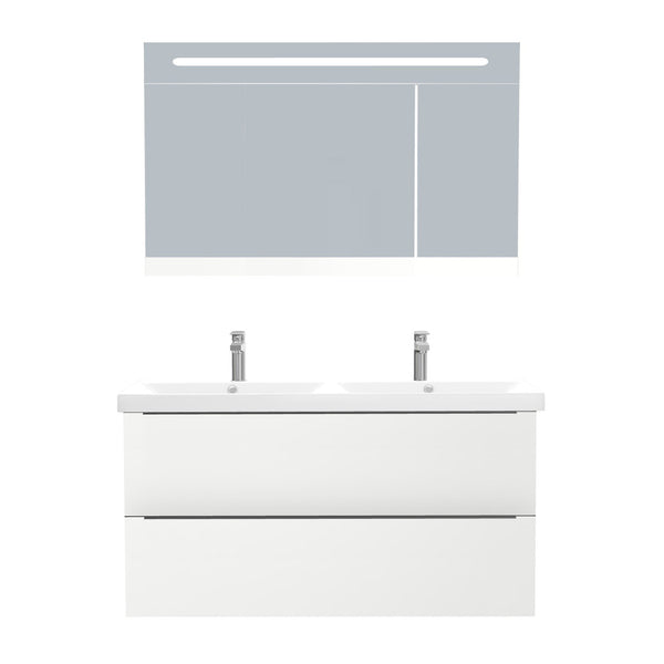 Frankfurt Badkamermeubel Set 120 cm Hoogglans Wit - Onderkast MDF Softclose Semi handgreep 2 lades met Keramische Wastafel 2 kraangat en Badkamerspiegelkast met Led-verlichting