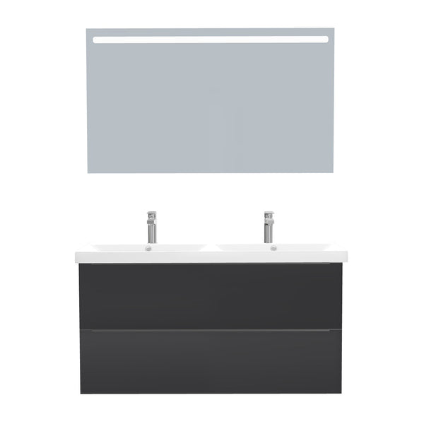 Frankfurt Badkamermeubel Set 120 cm Mat Zwart - Onderkast MDF Softclose Semi handgreep 2 lades met Keramische Wastafel 2 kraangat en Badkamerspiegel met Led-verlichting