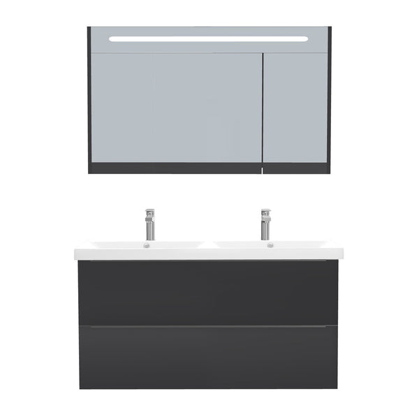 Frankfurt Badkamermeubel Set 120 cm Mat Zwart - Onderkast MDF Softclose Semi handgreep 2 lades met Keramische Wastafel 2 kraangat en Badkamerspiegelkast met Led-verlichting