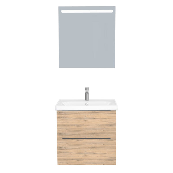 Frankfurt Badkamermeubel Set 65 cm Dorado - Onderkast MDF Softclose Semi handgreep 2 lades met Keramische Wastafel 1 kraangat en Badkamerspiegel met Led-verlichting