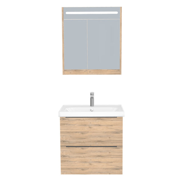 Frankfurt Badkamermeubel Set 65 cm Dorado - Onderkast MDF Softclose Semi handgreep 2 lades met Keramische Wastafel 1 kraangat en Badkamerspiegelkast met Led-verlichting