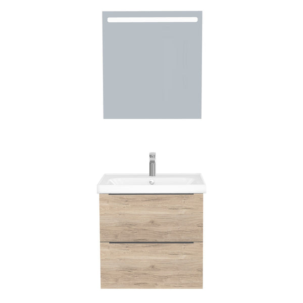 Frankfurt Badkamermeubel Set 65 cm Duitse Eik - Onderkast MDF Softclose Semi handgreep 2 lades met Keramische Wastafel 1 kraangat en Badkamerspiegel met Led-verlichting
