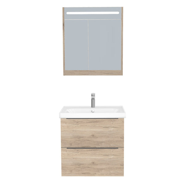 Frankfurt Badkamermeubel Set 65 cm Duitse Eik - Onderkast MDF Softclose Semi handgreep 2 lades met Keramische Wastafel 1 kraangat en Badkamerspiegelkast met Led-verlichting