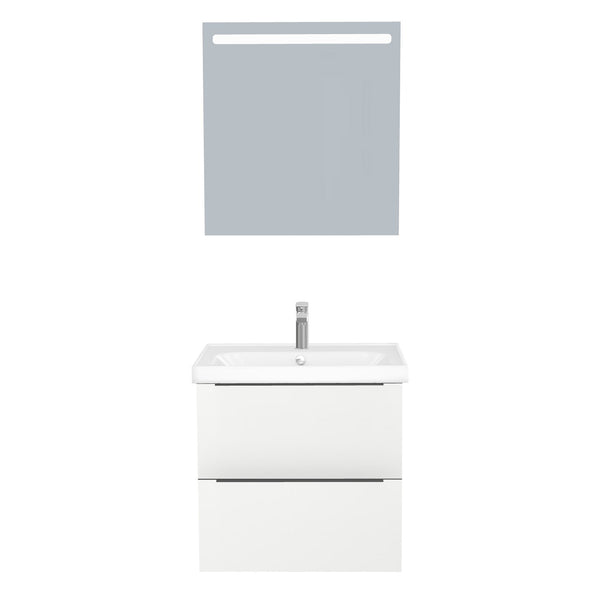 Frankfurt Badkamermeubel Set 65 cm Hoogglans Wit - Onderkast MDF Softclose Semi handgreep 2 lades met Keramische Wastafel 1 kraangat en Badkamerspiegel met Led-verlichting