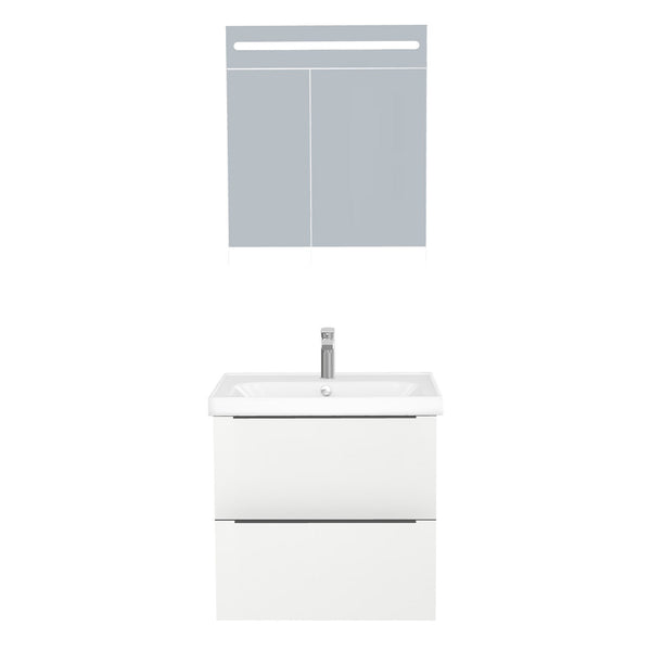 Frankfurt Badkamermeubel Set 65 cm Hoogglans Wit - Onderkast MDF Softclose Semi handgreep 2 lades met Keramische Wastafel 1 kraangat en Badkamerspiegelkast met Led-verlichting