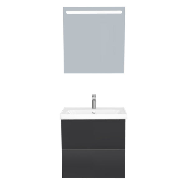 Frankfurt Badkamermeubel Set 65 cm Mat Zwart - Onderkast MDF Softclose Semi handgreep 2 lades met Keramische Wastafel 1 kraangat en Badkamerspiegel met Led-verlichting