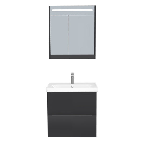 Frankfurt Badkamermeubel Set 65 cm Mat Zwart - Onderkast MDF Softclose Semi handgreep 2 lades met Keramische Wastafel 1 kraangat en Badkamerspiegelkast met Led-verlichting