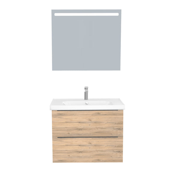 Frankfurt Badkamermeubel Set 80 cm Dorado - Onderkast MDF Softclose Semi handgreep 2 lades met Keramische Wastafel 1 kraangat en Badkamerspiegel met Led-verlichting