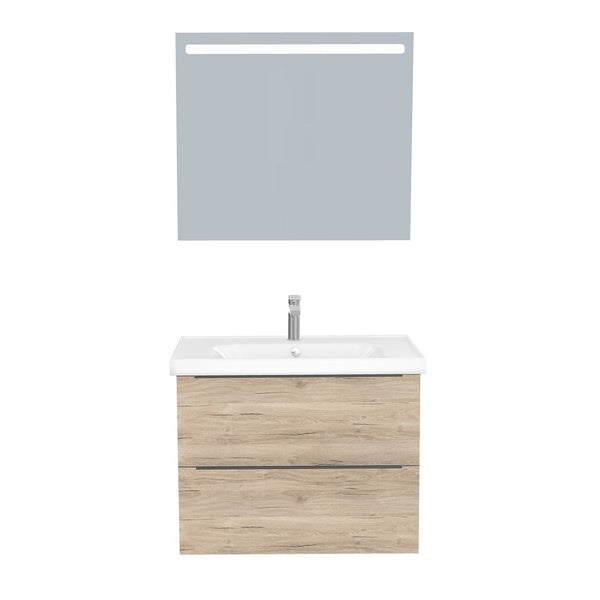 Frankfurt Badkamermeubel Set 80 cm Duitse Eik - Onderkast MDF Softclose Semi handgreep 2 lades met Keramische Wastafel 1 kraangat en Badkamerspiegel met Led-verlichting
