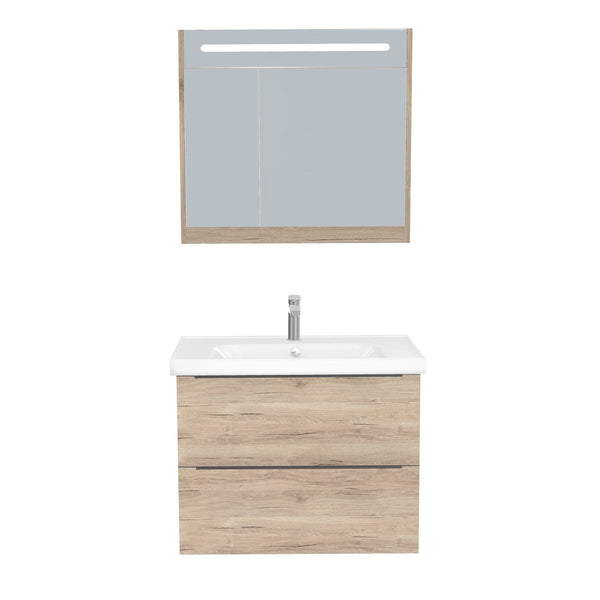 Frankfurt Badkamermeubel Set 80 cm Duitse Eik - Onderkast MDF Softclose Semi handgreep 2 lades met Keramische Wastafel 1 kraangat en Badkamerspiegelkast met Led-verlichting