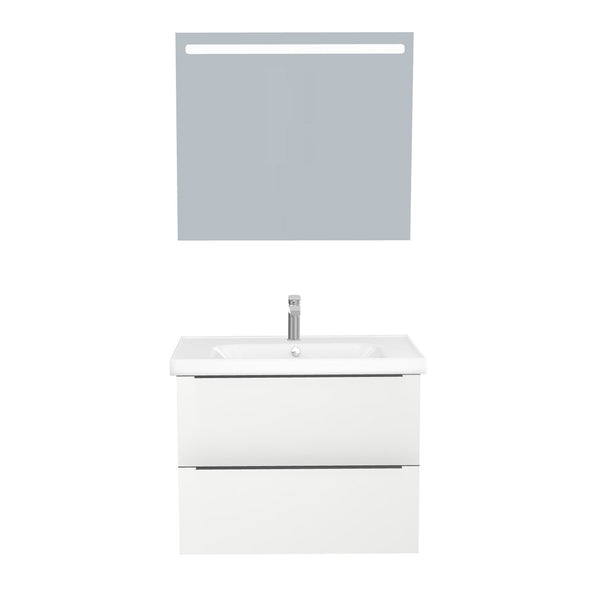 Frankfurt Badkamermeubel Set 80 cm Hoogglans Wit - Onderkast MDF Softclose Semi handgreep 2 lades met Keramische Wastafel 1 kraangat en Badkamerspiegel met Led-verlichting
