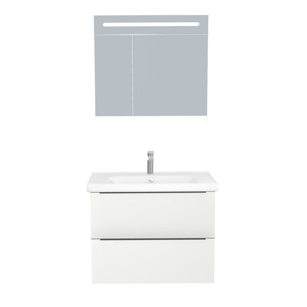 Frankfurt Badkamermeubel Set 80 cm Hoogglans Wit - Onderkast MDF Softclose Semi handgreep 2 lades met Keramische Wastafel 1 kraangat en Badkamerspiegelkast met Led-verlichting
