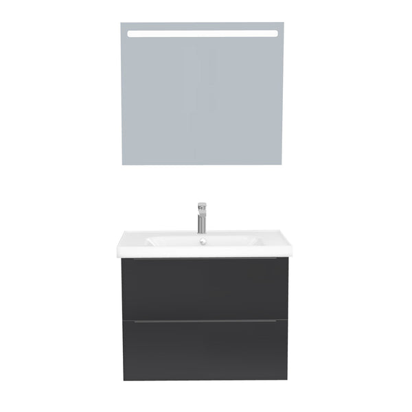 Frankfurt Badkamermeubel Set 80 cm Mat Zwart - Onderkast MDF Softclose Semi handgreep 2 lades met Keramische Wastafel 1 kraangat en Badkamerspiegel met Led-verlichting