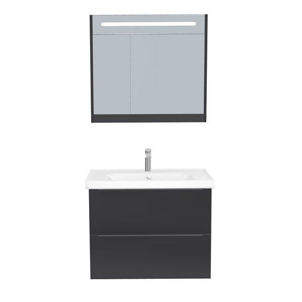 Frankfurt Badkamermeubel Set 80 cm Mat Zwart - Onderkast MDF Softclose Semi handgreep 2 lades met Keramische Wastafel 1 kraangat en Badkamerspiegelkast met Led-verlichting