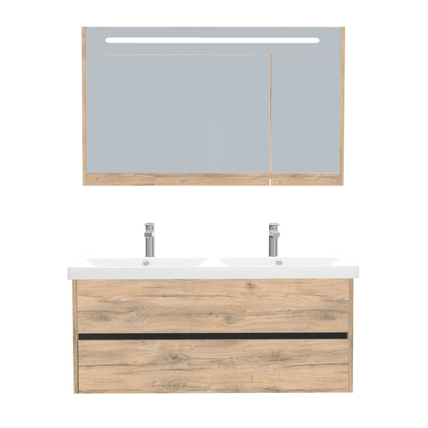 Jena Badkamermeubel Set 120 cm Dorado - Onderkast MDF Softclose Greeploos 2 lades met Keramische Wastafel 2 kraangat en Badkamerspiegelkast met Led-verlichting