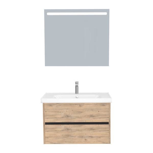 Jena Badkamermeubel Set 80 cm Dorado - Onderkast MDF Softclose Greeploos 2 lades met Keramische Wastafel 1 kraangat en Badkamerspiegel met Led-verlichting