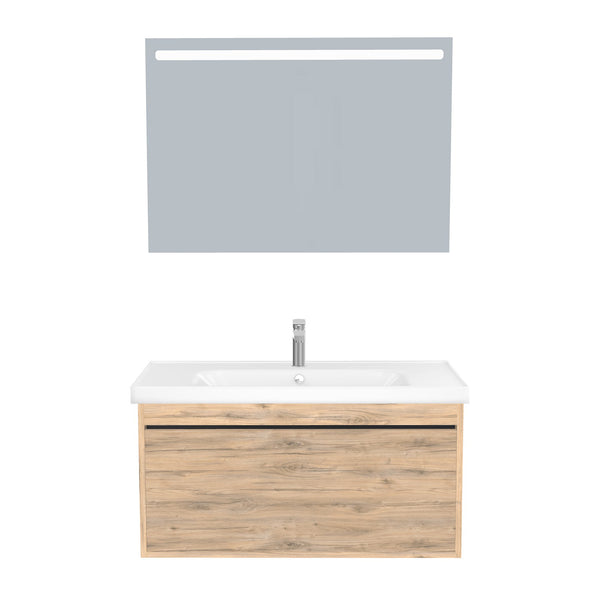 Oberhausen Badkamermeubel Set 100 cm Dorado - Onderkast MDF Softclose Semi handgreep 1 lade met Keramische Wastafel 1 kraangat en Badkamerspiegel met Led-verlichting