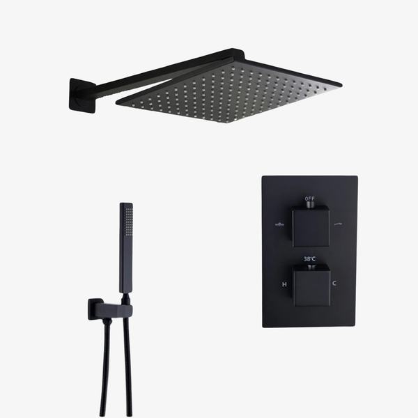 Showerset Amber Thermostatisch Inbouw Vierkant 10 Inch Muur 25 cm Mat Zwart