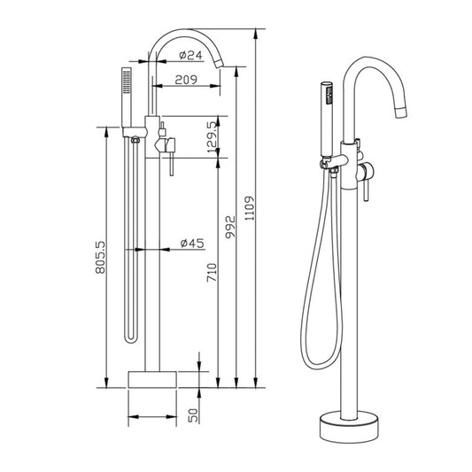 Vrijstaande Badmengkraan Amira Mat Zwart - Hoogte111 cm