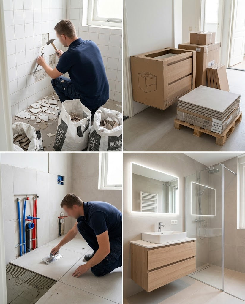 Sloopwerk, levering, leidingwerk en tegelwerk, en de afgewerkte badkamer